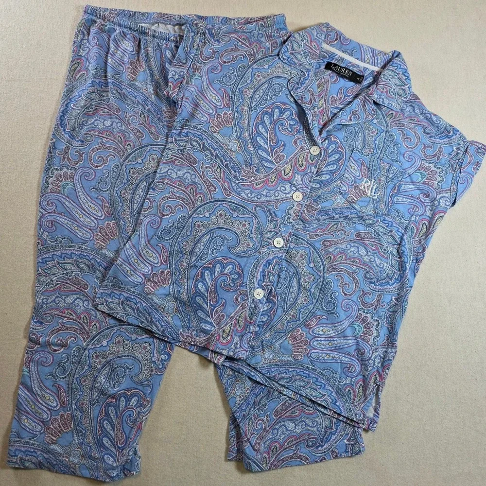 Lauren Ralph Lauren Womens XS Blue Paisley Pajama‎ Set RLR Capri Pants Shirt PJs